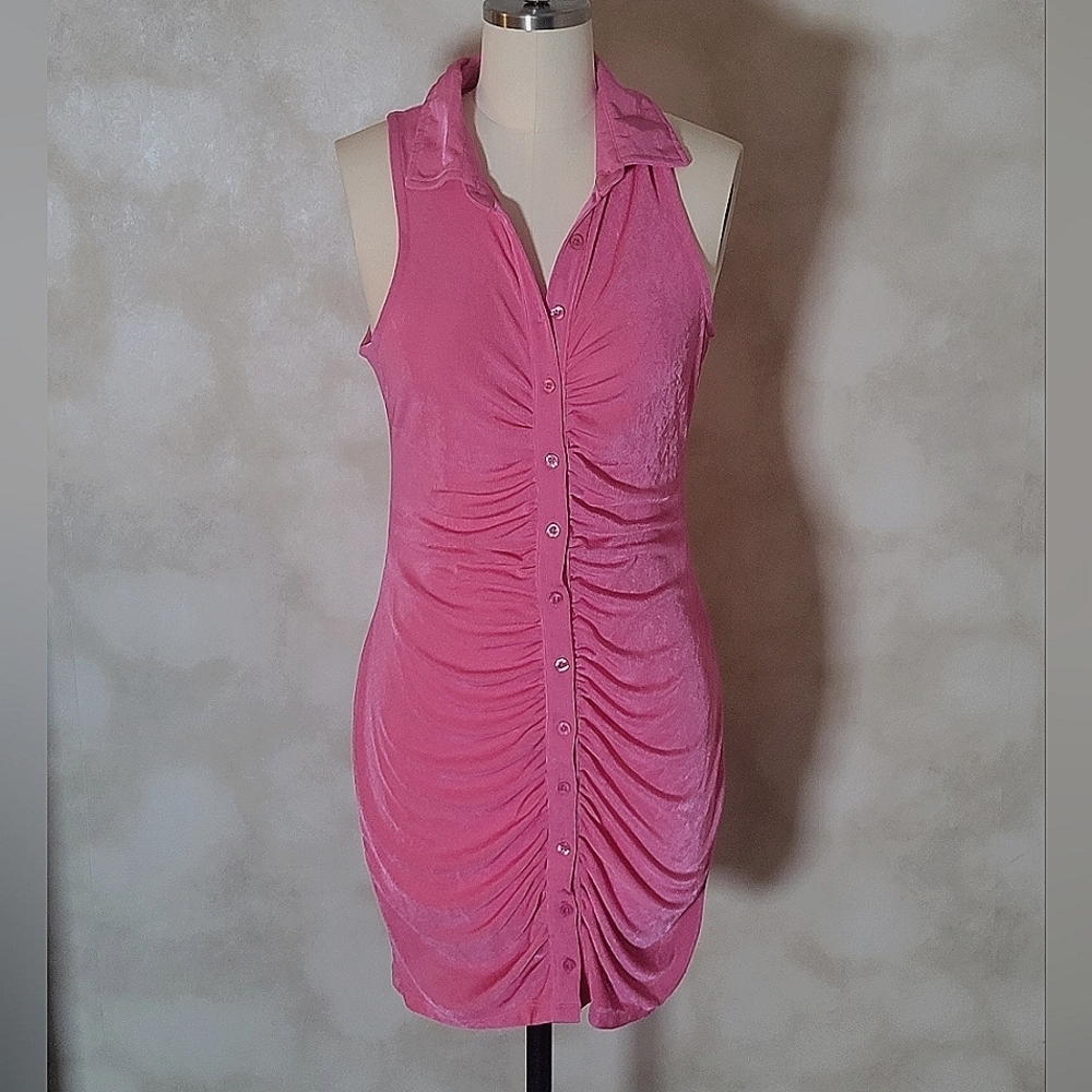 Just Polly Pink Sleeveless Ruche Button Up Mini Dress Size Large